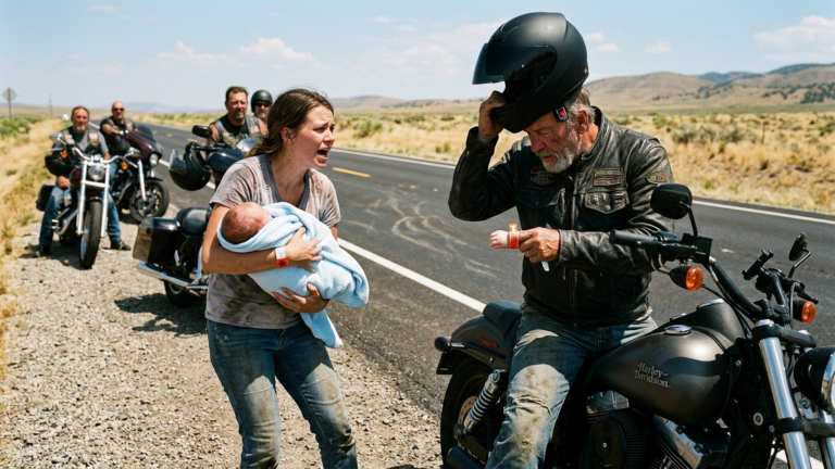 DIE MUTTER SCHWANKTE MIT IHREM NEUGEBORENEN AUF DEM HEIẞEN ASPHALT UND RIEF DEN BIKERN ZU SIE SOLLTEN NUR DAS KIND RETTEN — DOCH DER ÄLTESTE BIKER SAH DAS ZEICHEN AM BABYARMBAND UND NAHM SOFORT DEN HELM AB.
