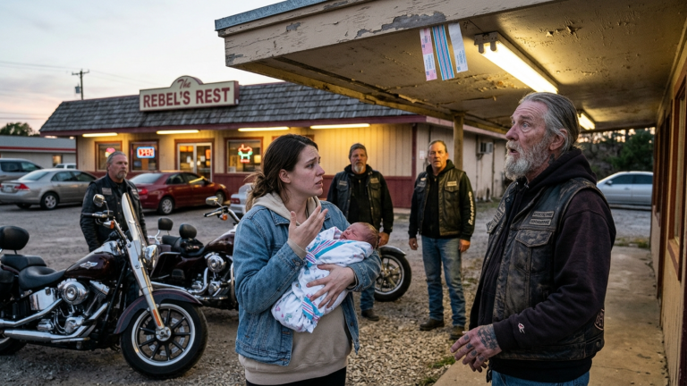 DIE MUTTER HIELT IHR NEUGEBORENES FEST AN DIE BRUST UND BAT DIE BIKER NUR DAS BABY BIS ZUR NÄCHSTEN STADT ZU BRINGEN — DOCH DER ALTE BIKER WURDE KREIDEBLEICH ALS ER DAS KRANKENHAUSBAND UNTER DER DECKE SAH.
