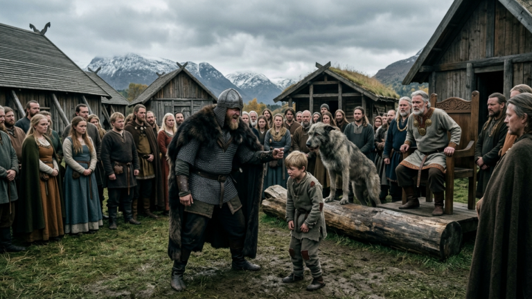 EIN GRAUSAMER VIKINGER-KRIEGSHERR DEMÜTIGTE EINEN ARMEN NORWEGISCHEN WAISENJUNGEN VOR DEM GANZEN DORF-THING NUR ZU SEINEM VERGNÜGEN — DOCH DANN TAT DER WILDESTE WOLFSHUND DES STAMMES ETWAS UNGLAUBLICHES, DAS DEN GROSSEN JARL ZITTERND AUFSPRINGEN LIESS.