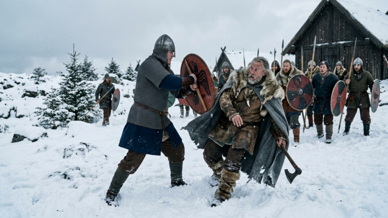 Der Sohn des Jarls schlug den alten Wikinger mit dem Schild in den Schnee — doch der Wolfszahn unter seinem Mantel ließ die ganze Reihe zurückweichen.