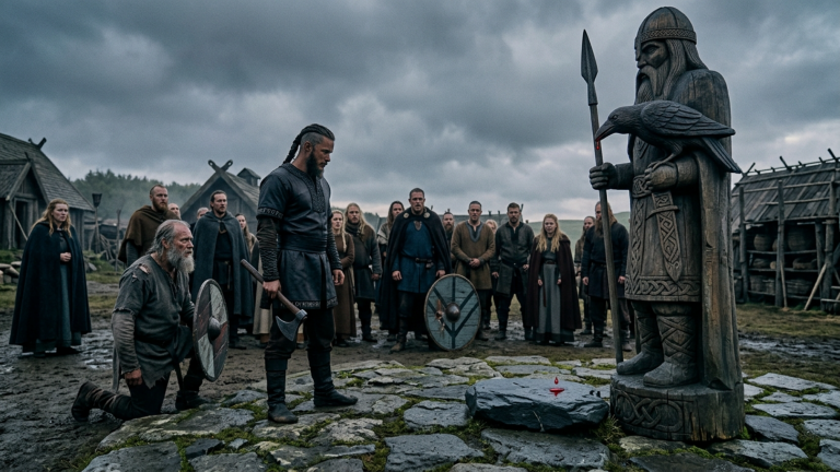 Der neue Anführer schlug den alten Wikinger vor der Odin-Statue — doch als ein Tropfen vom Raben auf den Stein fiel, wagte sich niemand zu bewegen.