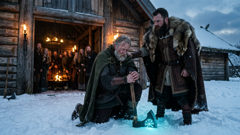 DER JARL LIESS DEN ALTEN VIKING-SOLDATEN IM SCHNEE KNIEEN — DOCH DAS RUNENZEICHEN AUF SEINER AXT LIESS DIE GANZE HALLE VERSTUMMEN