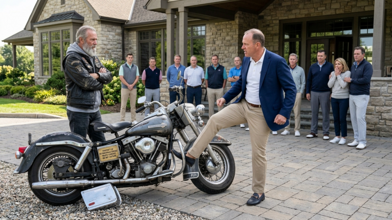 DER REICHE GOLFCLUBBESITZER TRAT GEGEN DAS ALTE MOTORRAD DES GRAUBÄRTIGEN BIKERS VOR DEM CLUBHAUS — DOCH ALS DER SEITENDECKEL ABSPRANG VERSTUMMTEN ALLE MITGLIEDER WEGEN DER MARKE DARUNTER.