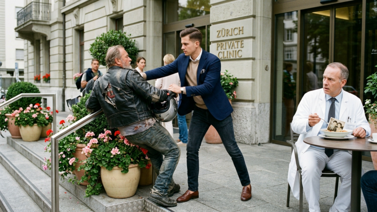 DER MILLIONÄRSSOHN SCHUBSTE DEN ALTEN BIKER VOR DER ZÜRCHER PRIVATKLINIK IN DIE BLUMENKÜBEL — DOCH ALS SEINE JACKE AM METALLRAND AUFRISS WURDE DER CHEFARZT BLASS WEGEN DES FOTOS IM FUTTER