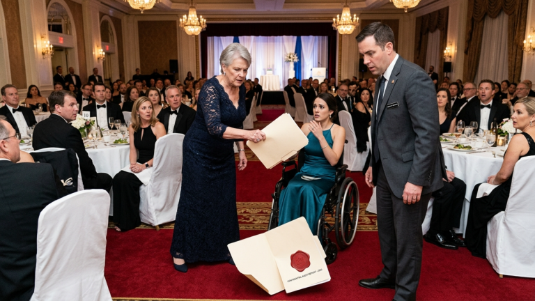 DIE SCHWIEGERMUTTER SCHLUG IHRER SCHWIEGERTOCHTER IM ROLLSTUHL VOR 300 GÄSTEN BEI DER BENEFIZGALA FÜR DIE KINDERKLINIK DIE AKTENMAPPE DIREKT INS GESICHT DOCH NIEMAND WAGTE EINZUGREIFEN WEIL SIE DIE GRÖSSTE SPENDERIN DES ABENDS WAR — BIS DIE MAPPE VOR DEN FÜSSEN DES STAATSANWALTS AUFSPRANG UND DIE LETZTE SEITE MIT DEM ROTEN SIEGEL DER KLINIK SICHTBAR WURDE UND DER GANZE SAAL PLÖTZLICH VERSTUMMTE.