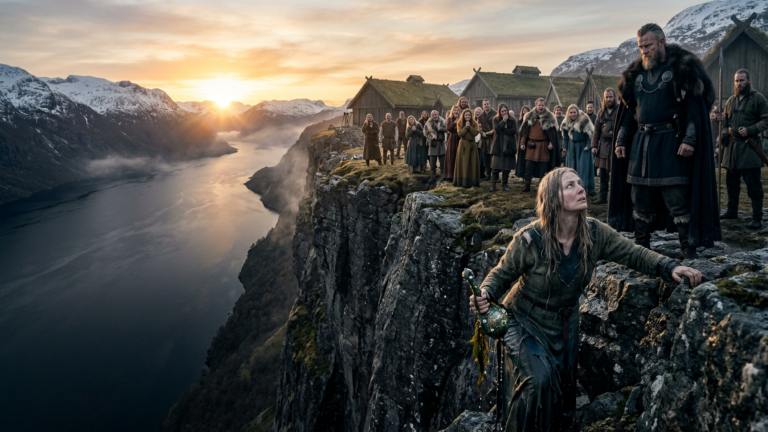 DER JARL STIEẞ DIE ARME WITWE VOR DEM GANZEN DORF VON DER KLIPPE IN DEN SCHWARZEN FJORD — DOCH BEI SONNENAUFGANG KAM SIE ZURÜCK, MIT ETWAS AUS DER TIEFE IN DER HAND…