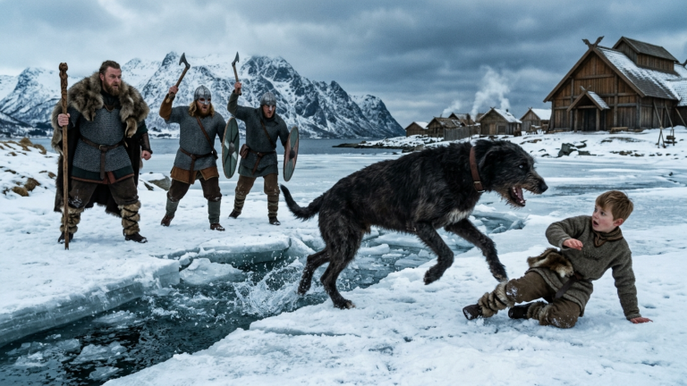 DER WOLFSHUND DES JARLS RANNTE KNURREND AUF DEN KLEINEN JUNGEN AM FJORD ZU, UND DIE KRIEGER HOBEN SCHON IHRE ÄXTE — DOCH ER WARF DAS KIND NUR ZU BODEN, ALS HINTER IHM DAS EIS BRACH…