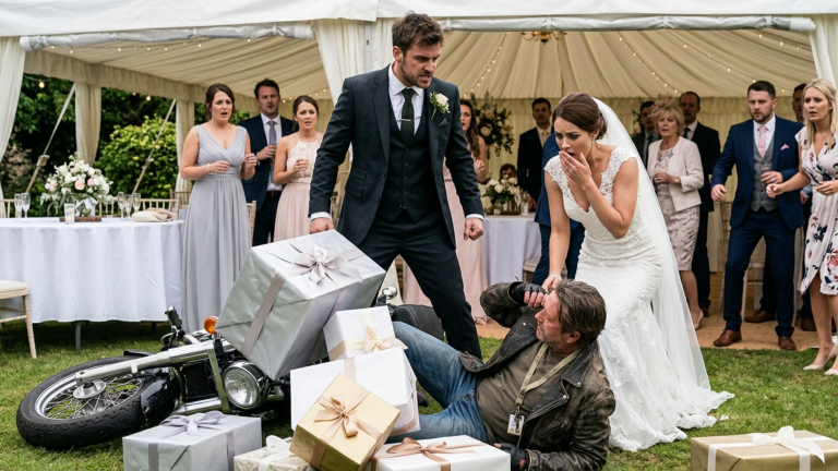 Der reiche Bräutigam schlug den Biker, der bei seiner Hochzeit auftauchte, so hart, dass er gegen die Geschenkboxen krachte – doch die Braut erkannte sofort sein altes Schlüsselband.