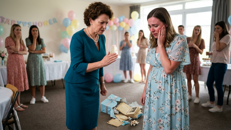Die Schwiegermutter schlug ihrer Schwiegertochter auf der Babyparty ins Gesicht und zertrat das kleine Geschenkpaket – doch ausgerechnet dieses Paket enthielt den Beweis, den sie jahrelang versteckt hatte.