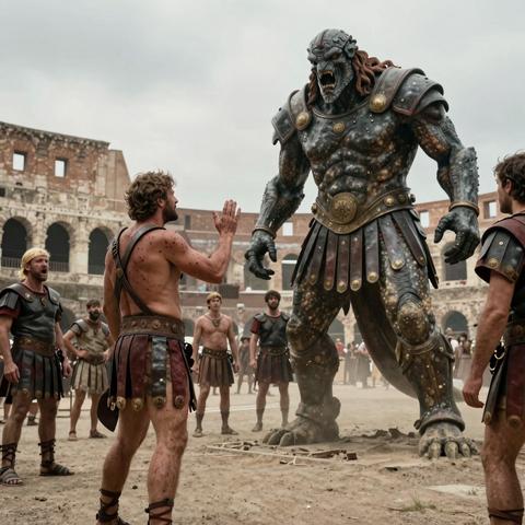 The Arrogant Tribune Sent the Limping Old Gladiator to Die Against Rome’s Deadliest Two-Headed Swamp Beast—Until One Soft, Familiar Whistle Made Both Massive Heads Freeze Before the Silent Arena Crowd.