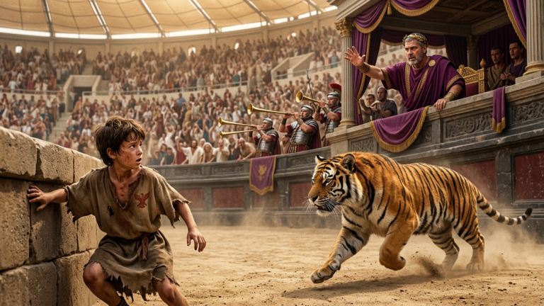 DER HIRKANISCHE TIGER RASTE AUF DEN WAISENJUNGEN ZU, WÄHREND DIE TROMPETEN DRÖHNTEN — DOCH ALS DER IMPERATOR DAS ZEICHEN DES JUPITER AUF SEINER BRUST SAH, HOB ER DIE HAND…