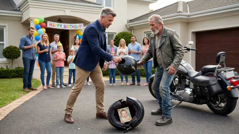 Der Reiche Vater Schlug Dem Alten Biker Vor Der Geburtstagsvilla Seines Sohnes Den Helm Aus Der Hand Weil Er Die Gäste Erschreckte — Doch Als Der Helm Aufsprang Verstummten Alle Wegen Des Babyfotos Im Futter.