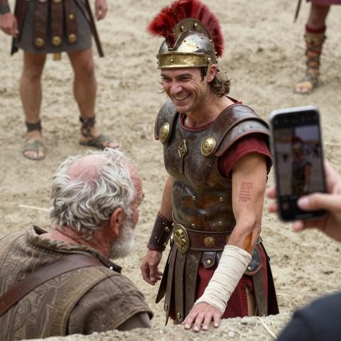 The Young Champion Mocked the Old Arena Sweeper for His Limp and Dusty Tunic—Until the Worn Wrist Wrap Slipped, Revealing the Lost Mark of Rome’s Greatest Gladiator Before the Roaring Crowd.