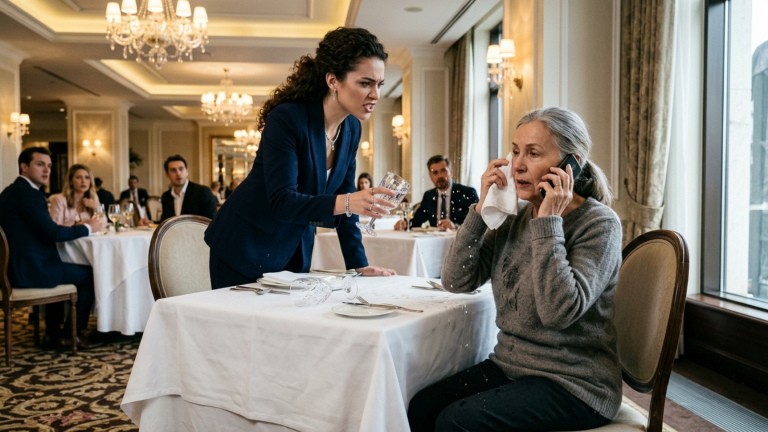 Die Zukünftige Schwiegertochter Schüttete Einer Alten, Arm Wirkenden Frau Am Vip-Tisch Eines Fünf-Sterne-Hotels Ein Glas Wasser Ins Gesicht, Weil Sie Meinte, Sie Sei Nicht Gut Genug, Um In Der Nähe Ihrer Familie Zu Sitzen — Doch Die Alte Frau Wischte Sich Nur Das Gesicht Ab Und Sagte Am Telefon: „Mein Sohn, Sie Hat Mir Gerade Die Antwort Gegeben.“
