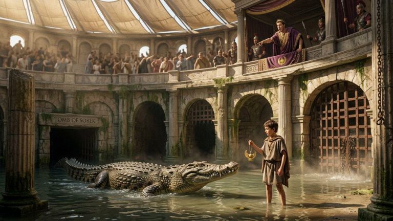 DAS KROKODIL AUS ÄGYPTEN GLITT AUS DEM WASSERGRAB DES KOLOSSEUMS AUF DEN JUNGEN ZU — DOCH ALS DER IMPERATOR DAS SONNENZEICHEN AUF SEINEM ANHÄNGER SAH, BEFAHL ER, ALLE TORE ZU SCHLIESSEN…