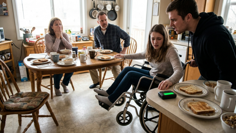 Der Bruder kippte den Rollstuhl seiner Schwester beim Familienfrühstück zur Seite und nannte sie eine Last – doch drei Sekunden später leuchtete ihr alter Pager wieder auf.