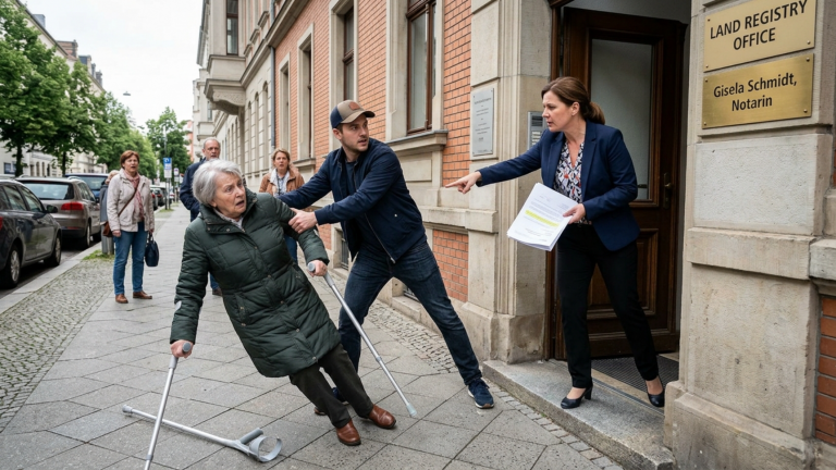 DER ENKEL STIESS SEINE GROSSMUTTER MIT KRÜCKEN VOR DEM GRUNDBUCHAMT ZU BODEN, WEIL SIE DEN HAUSVERKAUF STOPPEN WOLLTE — DOCH DER BEAMTE ZEIGTE AUF EINE ZEILE, DIE NIEMAND GELESEN HATTE.