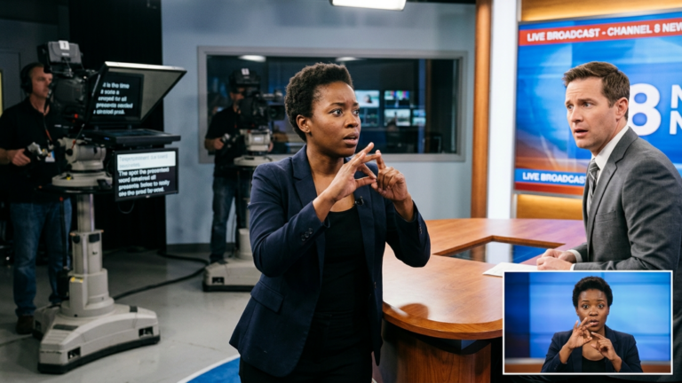 Eine schwarze Gebärdendolmetscherin wurde im Fernsehstudio geohrfeigt und gegen den Moderationstisch gestoßen – doch drei Sekunden später übersetzte sie ein Wort, das nicht im Skript stand.
