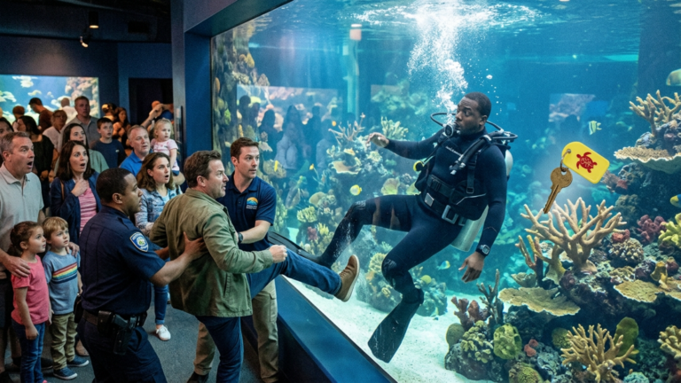 Ein schwarzer Aquariums-Taucher wurde vor den Augen der Besucher getreten und dann in ein Glasbecken gestoßen – doch unerwartet trieb ein Schlüssel mit einer Markierung darauf aus dem Korallenriff heraus.