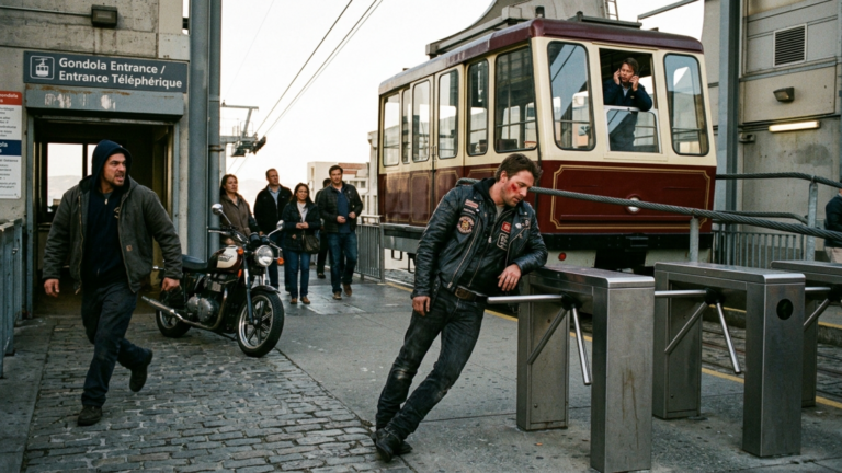 Der Biker wurde vor der Bergseilbahn ins Gesicht geschlagen und gegen das Drehkreuz gestoßen – doch drei Sekunden später blieb die Gondel bei seinem alten Funkspruch stehen.