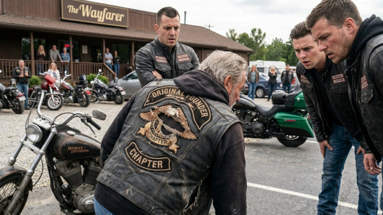 Die Jungen Biker Schlugen Den Alten Biker Vor Der Raststätte Zu Boden Weil Er Ihre Parkreihe Blockierte — Doch Als Seine Lederweste Aufriss Verstummte Der Ganze Club Wegen Des Alten Patches Darunter.