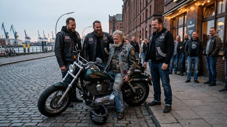 Drei Biker Stießen Den Graubärtigen Alten Biker Vor Der Hamburger Hafenbar Gegen Seine Maschine Weil Er Ihr Abzeichen Ansah — Doch Als Sein Helm Vom Lenker Fiel Hörte Niemand Mehr Zu Lachen Wegen Der Gravur Darin.
