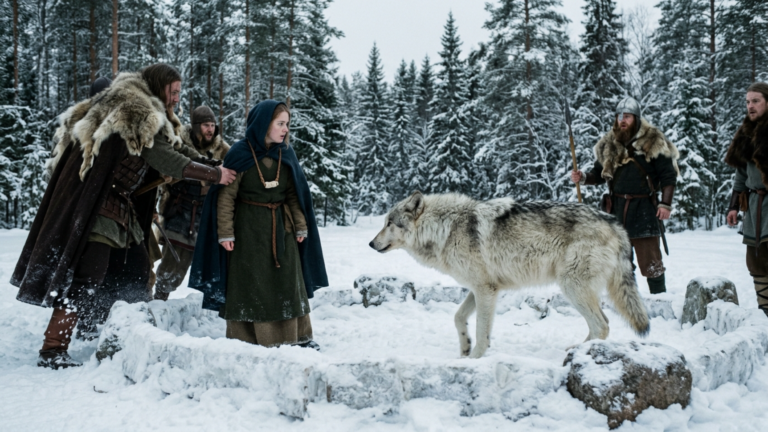 Die Krieger Stiessen Die Stumme Magd In Den Schneering Des Riesenwolfs — Doch Als Der Wolf Die Knochenperle An Ihrem Hals Sah, Senkte Er Die Zähne Und Wich Zurück…