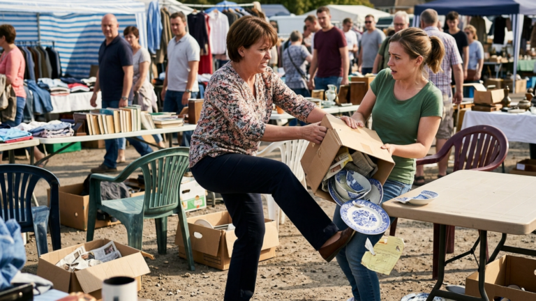 Die Tante trat ihre erwachsene Nichte beim Flohmarkt der Familie gegen den Klapptisch und riss ihr die Kiste weg – doch unter dem zerbrochenen Geschirr lag ein Kassenzettel ohne Datum.