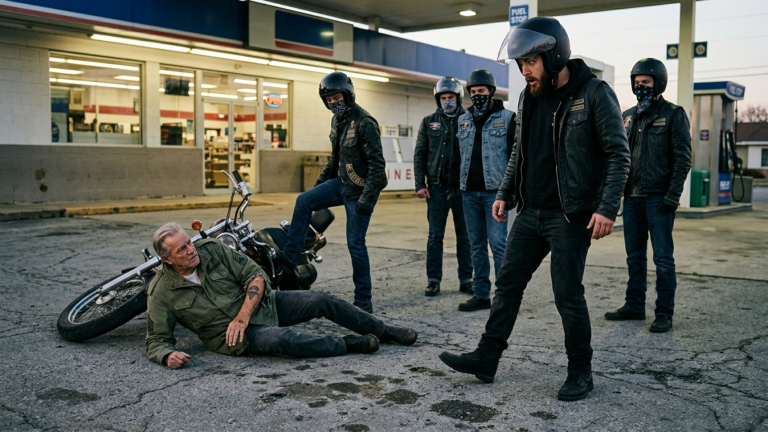 DIE JUNGEN BIKER STIESSEN DEN ALTEN MANN VOR DER TANKSTELLE ZU BODEN UND TRATEN GEGEN SEIN MOTORRAD — DOCH ALS SEIN ÄRMEL RISS, WAR DER ANFÜHRER DER ERSTE, DER RÜCKWÄRTS GING…