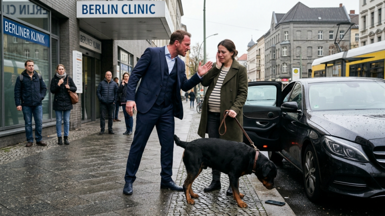 DER MANN IM ANZUG OHRFEIGTE SEINE SCHWANGERE FRAU VOR DER BERLINER KLINIK WEIL SIE SEIN HANDY NICHT ZURÜCKGAB — DOCH IHR ROTTWEILER BRACHTE DAS ZWEITE HANDY AUS DEM AUTO.