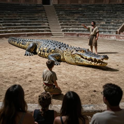 45. A barefoot beggar boy was forced onto the arena sand, mocked by the cruel arena master, and expected to cower before the giant ancient crocodile—but when the fearsome beast saw his face, its sudden reaction shocked the laughing Roman crowd into absolute silence.