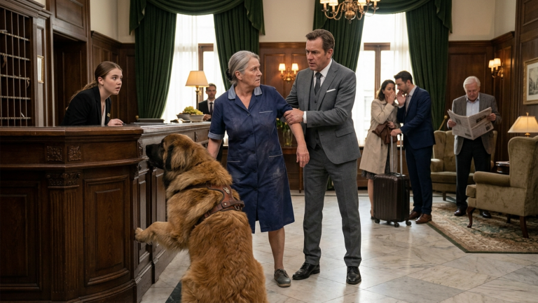DER HOTELCHEF PACKTE DIE ALTE PUTZFRAU IN DER LOBBY AM ARM WEIL SIE DIE PRÄSIDENTENSUITE NICHT RÄUMEN WOLLTE — DOCH IHR LEONBERGER FÜHRTE ALLE ZU DEM SCHLÜSSEL DEN ER HINTER DEM EMPFANG VERSTECKT HATTE.