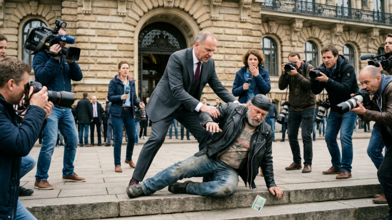 KAPITEL 2 – Der Senator Stieß Den Alten Biker Vor Dem Hamburger Rathaus Auf Die Stufen Weil Er Den Eingang Blockierte — Doch Als Sein Alter Ausweis Über Den Steinboden Glitt Hörten Alle Reporter Auf Zu Filmen.