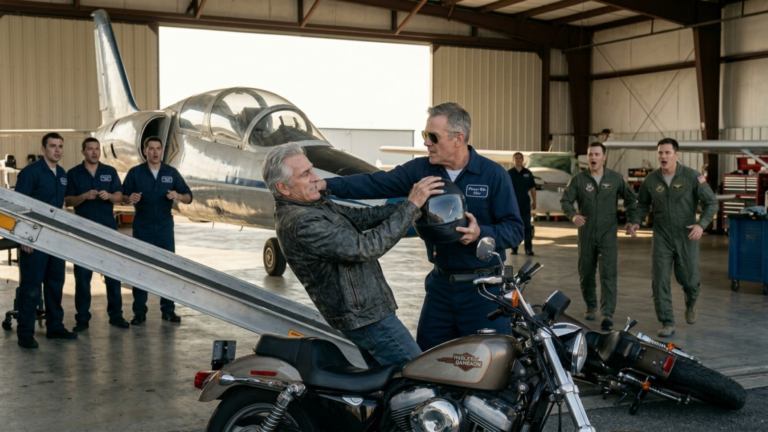 KAPITEL 2 – Der Besitzer Einer Privatflughalle Stieß Den Alten Biker Neben Dem Jet Gegen Die Gepäckrampe — Doch Als Sein Helm Aufsprang Hielten Alle Piloten Den Atem An Wegen Des Zettels Darin.
