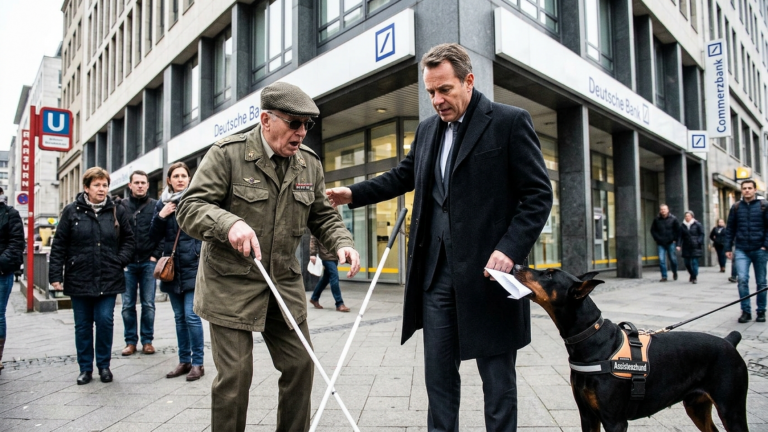 DER BANKER SCHLUG DEM BLINDEN VETERANEN VOR DER FRANKFURTER BANK DEN STOCK AUS DER HAND WEIL ER SEINE AKTE NICHT HERGEBEN WOLLTE — DOCH SEIN DOBERMANN ZOG DIE FEHLENDE SEITE AUS DER TASCHE DES BANKERS.