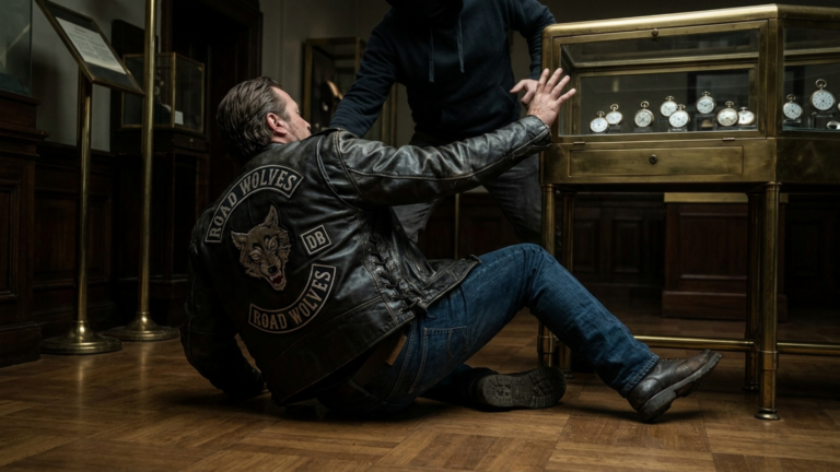 Ein Biker wurde im Uhrenmuseum getreten und gegen die Vitrinen gestoßen – doch drei Sekunden später stellten sich alle Zeiger auf eine Uhrzeit, die niemand erwähnt hatte.
