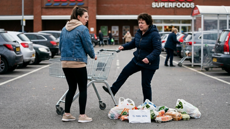 Die Schwiegermutter trat die Schwiegertochter auf dem Supermarktparkplatz gegen den Einkaufswagen – doch als die Tüten fielen, lag ein Umschlag mit dem Namen ihres Sohnes darin.