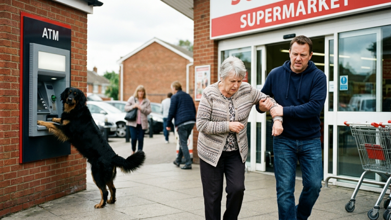 DER SOHN ZERRTE SEINE ALTE MUTTER VOR DEM SUPERMARKT AM ARM WEIL SIE IHM DIE BANKKARTE NICHT GEBEN WOLLTE — DOCH IHR HOVAWART STELLTE SICH VOR DIE KAMERA AM GELDAUTOMATEN.