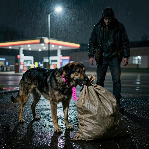 Working the graveyard shift in suburban Ohio, I spotted a stray dragging a heavy, leaking burlap sack through the sleet… and recognized the pink collar slipping through the rotting fabric.