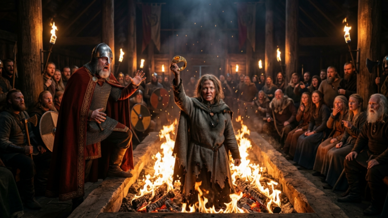 Der Jarl Stiess Die Arme Witwe Vor Dem Ganzen Thing In Die Brennende Feuergrube — Doch Als Die Flammen Sich Teilten, Hielt Sie Den Ring, Den Er Im Todesboot Versteckt Hatte…