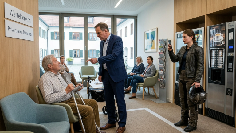 IM WARTEBEREICH EINER MÜNCHNER PRIVATKLINIK LIEẞ DER KLINIKCHEF EINEN MANN MIT KRÜCKEN AUS DEM STUHL ZIEHEN WEIL ER ANGEBLICH DEN GANG BLOCKIERTE — DOCH DIE BIKERIN NEBEN DEM AUTOMATEN HATTE SEINE WORTE BEREITS AUFGENOMMEN.