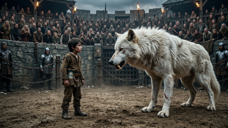 Der Waisenjunge Trat In Den Kampfkreis Des Weissen Säbelwolfs, Und Alle Erwarteten Sein Ende — Doch Das Monster Sah Die Eingeritzte Rune An Seinem Ledergürtel Und Hörte Sofort Auf Zu Knurren…