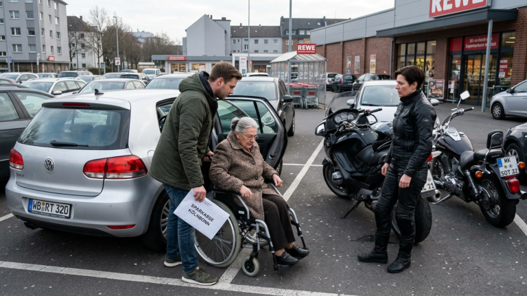 AUF DEM PARKPLATZ EINES KÖLNER SUPERMARKTS ZERRTE EIN SOHN SEINE MUTTER IM ROLLSTUHL AUS DEM AUTO WEIL SIE IHM DIE BANKKARTE VERWEIGERTE — DOCH DIE BIKERIN NEBEN DEN MOTORRÄDERN SAH DEN NAMEN AUF DEM UMSCHLAG.
