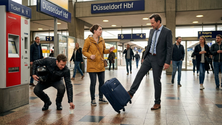 IM DÜSSELDORFER BAHNHOF TRAT EIN GESCHÄFTSMANN GEGEN DEN KOFFER EINER GEHÖRLOSEN FRAU WEIL SIE SEINE FRAGE NICHT BEANTWORTETE — DOCH DER BIKER AM FAHRKARTENAUTOMATEN HOB NICHT DEN KOFFER SONDERN DEN AUSWEIS AUF.