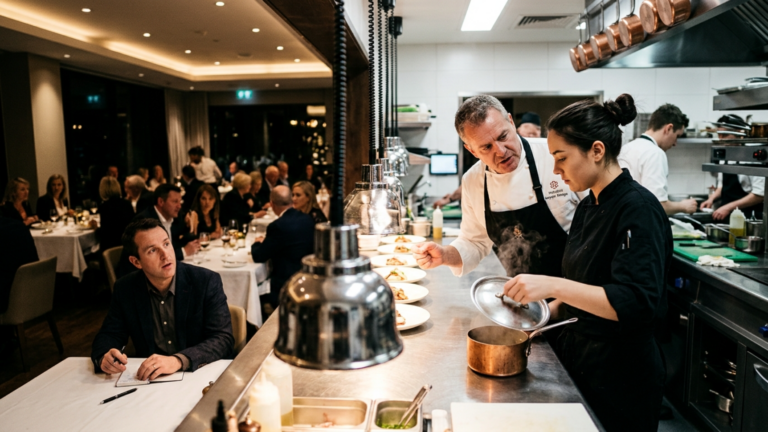 DER KÜCHENCHEF EINES STERNE RESTAURANTS STIESS DIE SCHWARZE KÖCHIN VOR 38 GÄSTEN GEGEN DEN PASS WEIL ER SAGTE IHRE HÄNDE GEHÖRTEN NICHT AN SEIN MENÜ — BIS SIE NUR DEN DECKEL VOM LETZTEN TOPF HOB UND DER KRITIKER SEINEN STIFT FALLEN LIESS