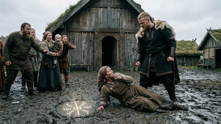 Der Sohn des Jarls schlug die arme Wikinger-Witwe vor dem Langhaus ins Gesicht und stieß sie in den nassen Lehm – doch drei Sekunden später blieb ein Abdruck zurück, den niemand erklären konnte.