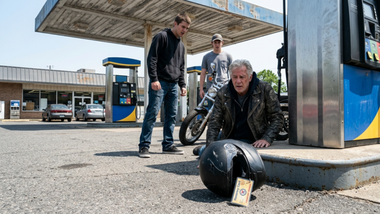 DIE JUNGEN FAHRER SCHLUGEN DEN ALTEN BIKER VOR DER TANKSTELLE ZU BODEN UND KICKTEN SEINEN HELM GEGEN DIE ZAPFSÄULE — DOCH AUS DEM GEBROCHENEN VISIER RUTSCHTE EINE ALTE EHRENKARTE HERAUS.