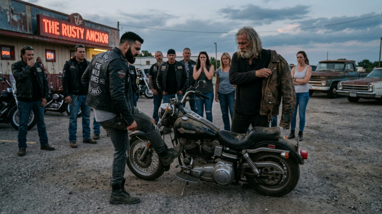 DER ANFÜHRER TRAT GEGEN DAS ROSTIGE MOTORRAD DES ALTEN BIKERS UND SAGTE, SEINE ZEIT SEI VORBEI — DOCH ALS DER ALTE MANN LANGSAM DIE JACKE AUSZOG, WURDE DER PARKPLATZ STILLER ALS EIN GERICHTSSAAL…