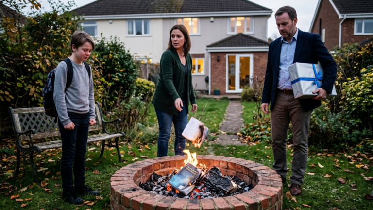 DIE STIEFMUTTER WARF EIN SCHULBUCH NACH DEM ANDEREN IN DAS FEUER IM GARTEN, WEIL SIE NICHT WOLLTE, DASS “DAS STIEFKIND” AUF EINE GUTE SCHULE KOMMT — GENAU DA KAM DER VATER MIT EINER GROSSEN GESCHENKBOX FÜR SIE ZURÜCK, SAH DIE ASCHE UND SAGTE NUR LEISE DEN NAMEN SEINES ANWALTS.