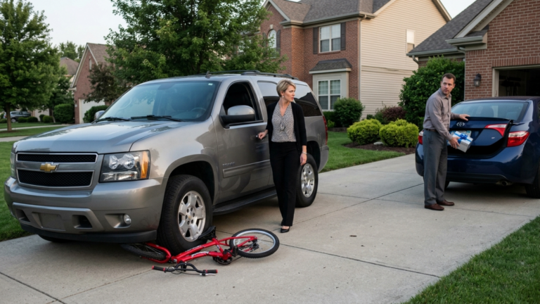 DIE STIEFMUTTER FUHR MIT DEM SUV VOR DEM HAUS ÜBER DAS ALTE FAHRRAD DES JUNGEN, WEIL ES “DIE FAMILIE BLAMIERE” — DOCH SEIN VATER STIEG GERADE MIT EINEM HOCHZEITSTAGSGESCHENK FÜR SIE AUS, SAH DEN VERBOGENEN RAHMEN UND SCHLUG DEN KOFFERRAUM SCHWEIGEND ZU.